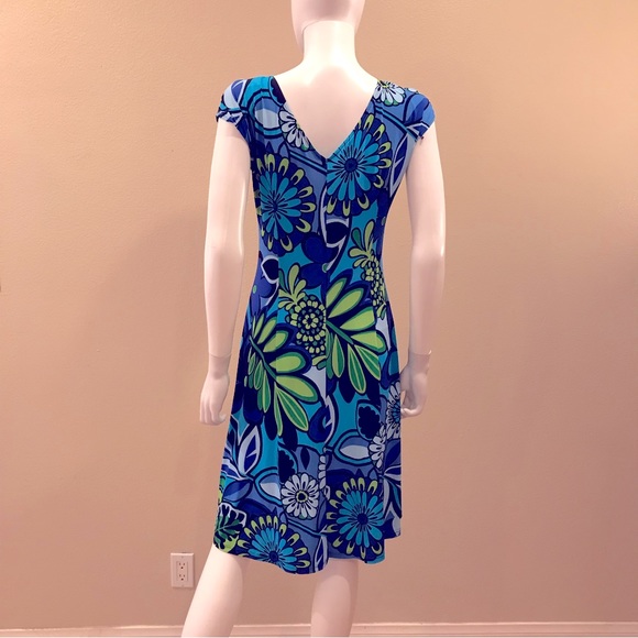 Lizzatti Short Sleeve Dress Womens Size Small 4 6 Blue Green Mid Length Stretch - Picture 3 of 16